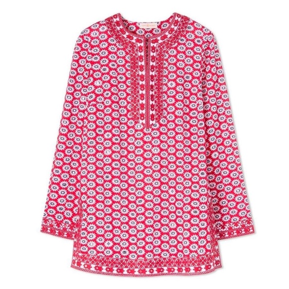 Tory Burch Tops - Tory Burch Jayne Nantucket Red Daisy Floral Embroidered Cotton Tunic Size 0